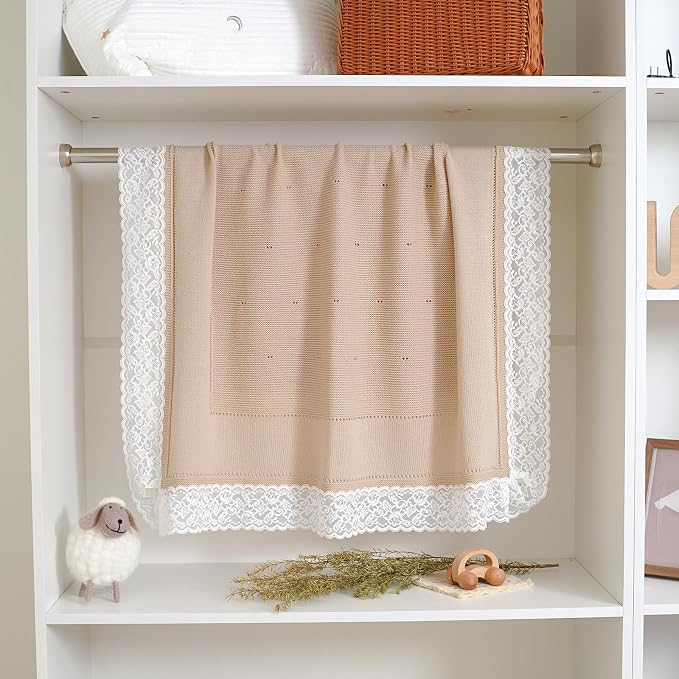 mimixiong 100% Pure Cotton Baby Blanket Extra Soft Cellular Neutral Swaddle Receiving Crib Blanket for Newborn Baby Boy Girl Size 30 x 40 inches (Camel -lace)