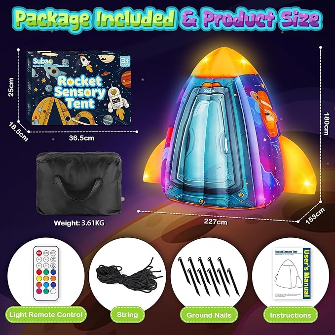Subao Rocket Inflatable Light Up Sensory Tent for Kids with Autism,Blow Up Kids Tent for Home Classroom Indoor Play,Autism Sensory Products for Calm Corner,Birthday Xmas Gifts for Children
