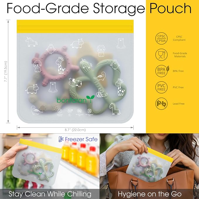 4 Pack Baby Teether Set with Freezer-Safe Storage Bag – 4 Softness Levels & Multi-Textured Silicone Teething Toys for Babies 0-18 Months, Food-Grade Teething Rings for Every Stage