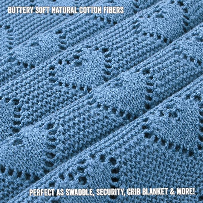 Heirloom Knit Heart Receiving Unisex Blanket for Boys - 100% Luxury Cotton Baby Blanket - Soft Warm Swaddle Crib Receiving Blanket for Newborns Infants & Toddlers (Denim Blue)