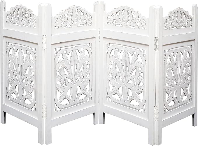Free Standing Dog Gate – 4 Panel Foldable Wooden pet gate Indoor 72" W x 24" H, Hand-Carved Solid Wood & MDF, Portable Indoor Gate for Doorways, Halls, Stairs – Fully Assembled, White Finish
