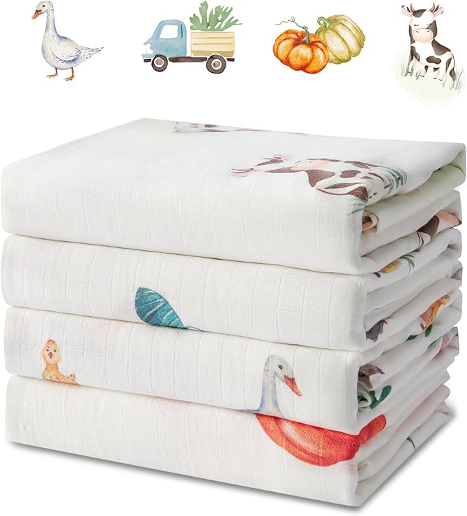 Muslin Swaddle Blankets for Newborn, 4 Pack Large 47"x47" Soft Breathable Bamboo Cotton Baby Blanket, Lightweight Receiving Blanket for Boys and Girls, Farm Life