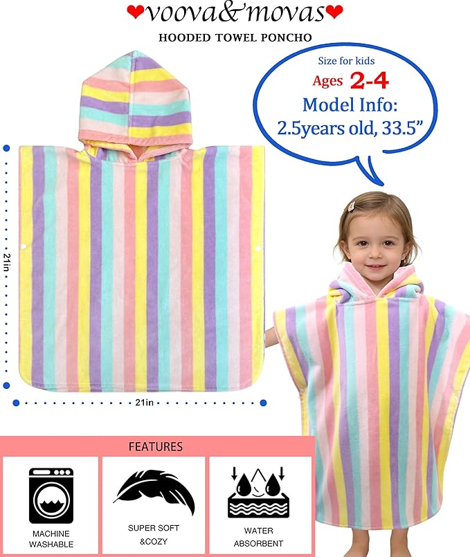 VOOVA & MOVAS Toddler Towel with Hood, 100% Cotton, Oversized (2-4Years,22"X22"),Absorbent Hooded Poncho Towel for Baby,Perfect for Pool | Swimming | Bath | Beach,Colorful Rainbow Stripe