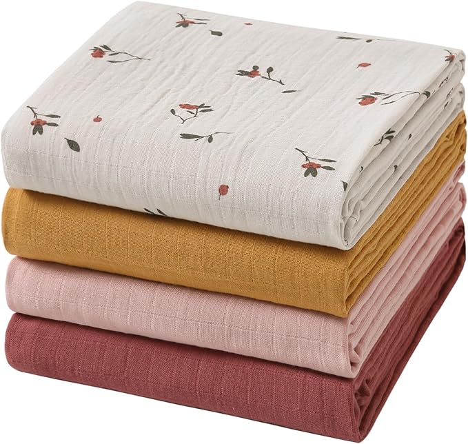 POMISO Muslin Swaddle Blankets for Boys & Girls, Newborn Receiving Blankets, 4 Pack Soft Breathable Baby Swaddles, Large 47x47 Inches, Red Berries & Earthy Colors