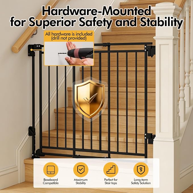 Extra Tall Baby Gate for Stairs and Doorways, 26-43” W x 39” H(Must Drill to Install), One-Hand Operation, Auto-Close Feature, No Bottom Threshold, for Babies and Pets, Black