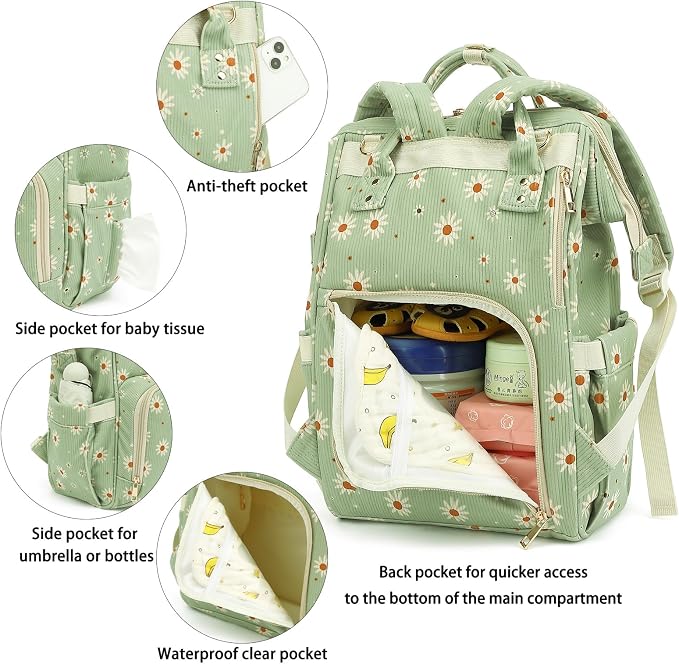 Corduroy Diaper Bag Backpack for Baby Girls Boys, Women Large Nappy Bags for Mom (Green Corduroy Daisy)