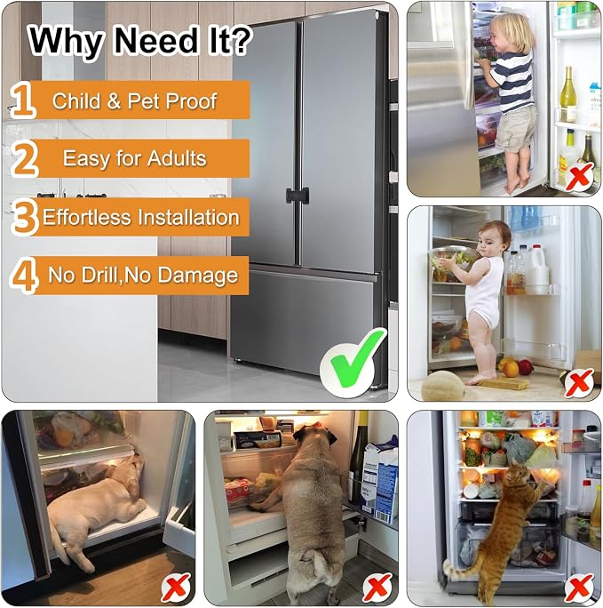 Fridge Locks for Kids, Child Proof Refrigerator Lock, Baby Safety French Fridge Door Lock, Child Cabinet Locks with Strong 3M Adhesive, No Drill, Tool-Free Install (2 Pack, White)