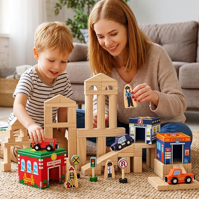 Atoylink Kids Building Blocks for Toddlers 1-3, 108Pcs Wooden Stacking Toys with Community Helpers & Magnetic Wooden Cars Signals, Baby Nesting Boxes Preschool Learning Toys for Boys Girls Gift