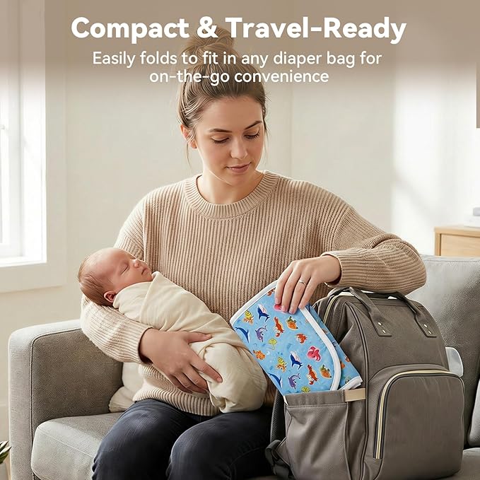 Baby Diaper Changing Mat, Waterproof, Absorbent, Soft Cotton Surface with EVA Backing, 30x24in Unfolded, Compact 8x2in with Storage Strap, Wipeable Diaper Changing Pad for Travel, Baby Gift