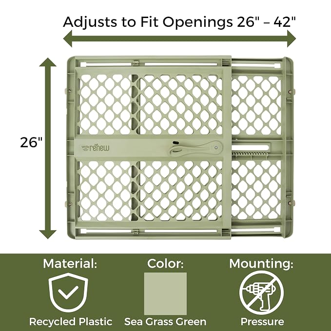 Toddleroo by North States - ReNew 100% Recycled Plastic Baby Gate for Doorway; Sturdy for Indoor & Outdoor Use: Pressure Mounted, No Drill Gate; Made in USA; 26" to 42" Wide, 26" Tall; Sea Grass Green