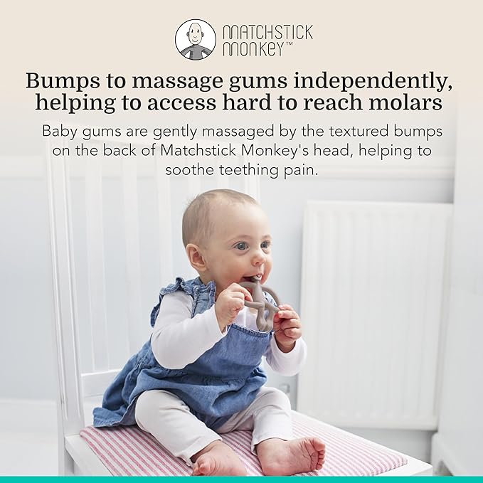 Matchstick Monkey Original Teether & Gel Applicator ??Silicone Baby Teether, Easy-to-Grip, BPA-Free, Supports Self-Soothing & Early Brushing, 3 Months+, 4 Inches, Grey