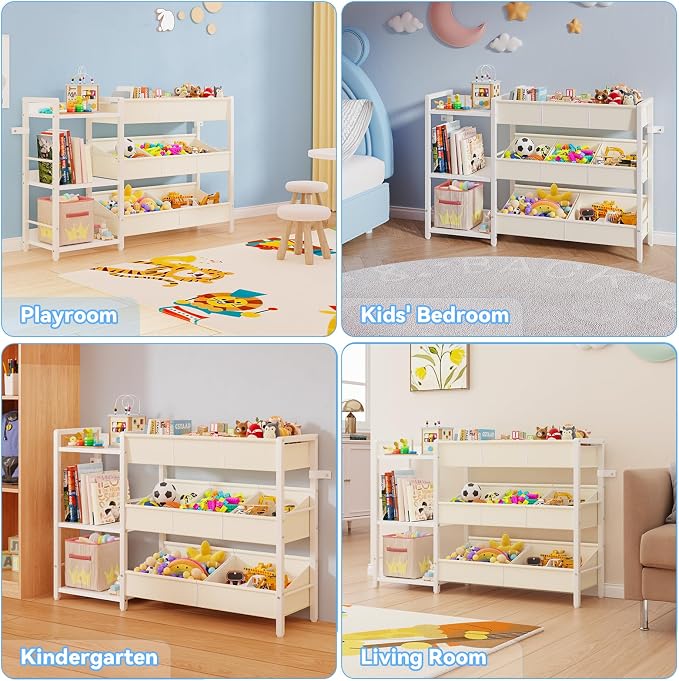 B7 Toy Storage Organizer with 3-Tier Wooden Shelves, Toy Chest Storage with 8 Bins, Toy Shelf Organizer, Kids Bookshelf and Toy Storage for Kids Room, Bedroom, Playroom, Nursery