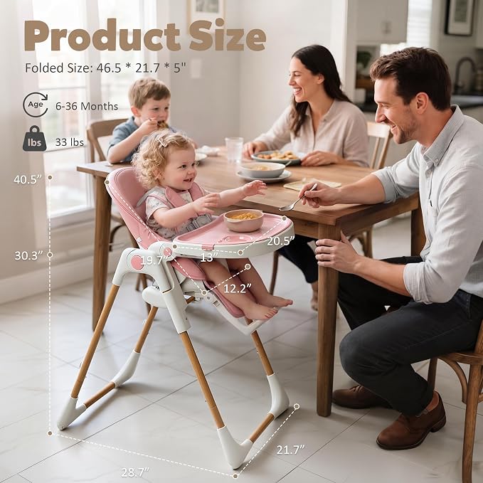 TODEFULL 3 in 1 Foldable Baby High Chair, Infant High Chairs for Babies and Toddlers, 6 Height & 5 Recline Adjustable Toddler Feeding Chair, 2 Tray Depth & 3 Footrest Angles, 2 Built-in Wheels, Black