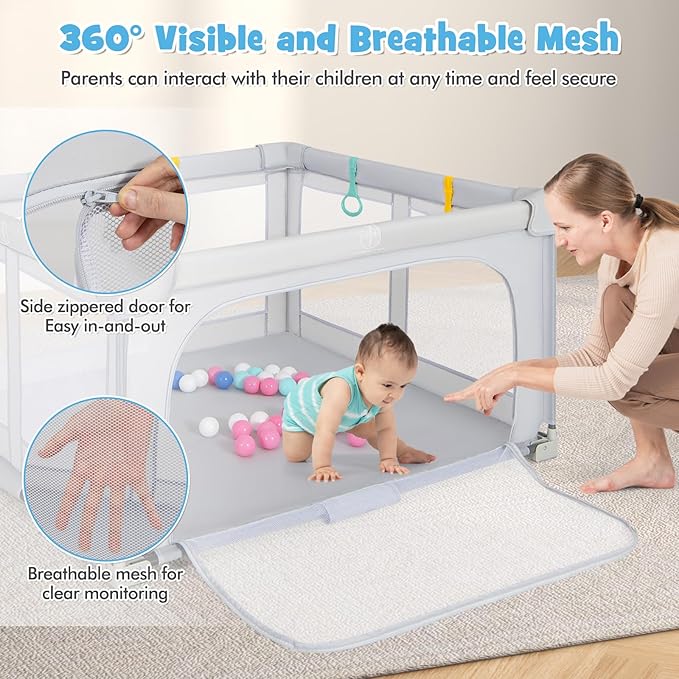 Costzon Foldable Playpen for Babies, 50''x50'' Portable Baby Play Pen with 50 PCS Ocean Balls, 4 Handles, Carry Bag, Visible Mesh, Kids Activity Center with Gates, Indoor & Outdoor Gate Play Pen