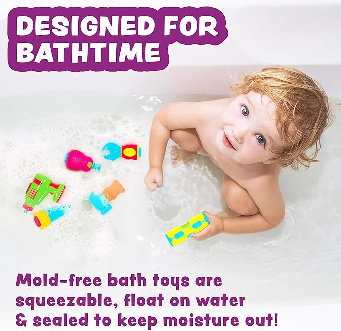 Tub Works® Tools??Mold Free Bath Toys, 6 Pack | Sealed, No Hole Bath Toys Design Keeps Moisture Out | Soft, Squeezable & Float on Water | Easy-Grip Baby & Toddler Bathtub Toys | Great for Baby Pools