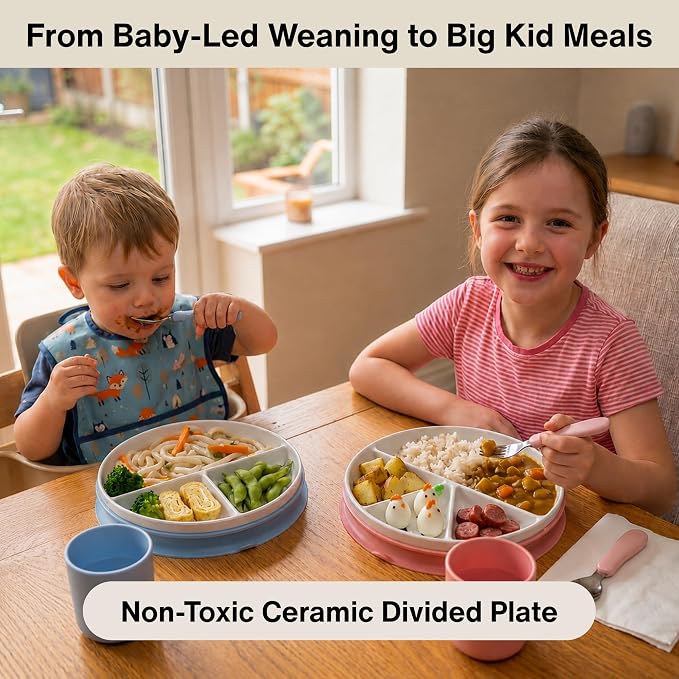 Divided Ceramic Toddler Plate With Silicone Lid And Non-Slip Base, Non-Toxic Porcelain Dish For Babies And Kids, Microwave And Dishwasher Safe, 8 Inch, animal design, Sky Mist
