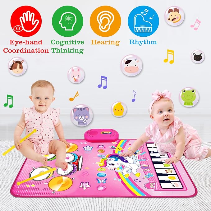 Toys for 1 Year Old Girl Gifts: Baby Music Mat Toddler Toys Age 1-2 - 3 in 1 Piano Drum Animal Touch Unicorn Toy - Infant Musical Toy 12-18 Months Babies Birthday Easter Gifts for 1 2 3 Year Old Girls