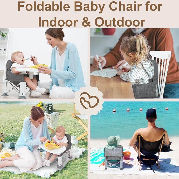 Baby Travel Booster Seat with Double Tray, BabyBond Upgraded Toddler Portable Baby Chair, Booster Seat for Dining Table, Stable and Foldable Booster Baby Chair for Indoor/Outdoor (Grey)