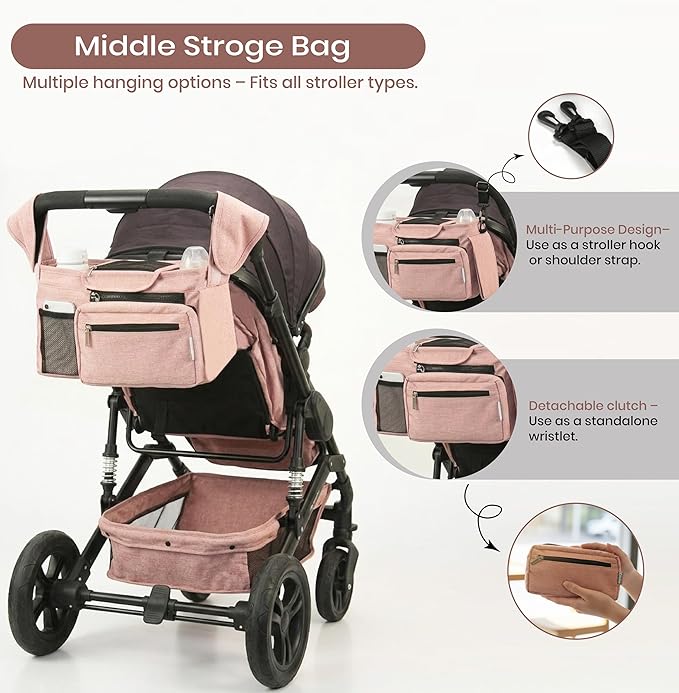 Pink Universal Stroller Organizer with 2 Insulated Cup Holders, 3-in-1 Stroller Caddy with Detachable Phone Bag & Non-Slip Shoulder Strap, Fits Uppababy, Nuna, Doona, Baby Essentials