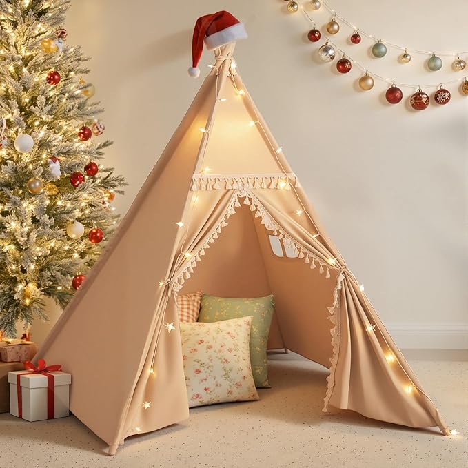 Sumbababy Kids Teepee Tent Indoor, Washable Cotton Canvas Play Tent with Tassel Trim, Foldable Toddler Tent for Girls & Boys Sleepover Party, Gift Set with Star Lights, Banner & Carry Bag, Khaki