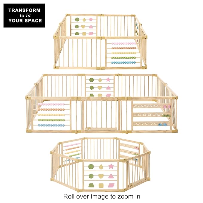 ZETY Natural Wood Baby Playpen ??8 or 10 Panel Foldable Play Yard with Door Panel and Built-in Toys, CPC Certified & SGS Tested