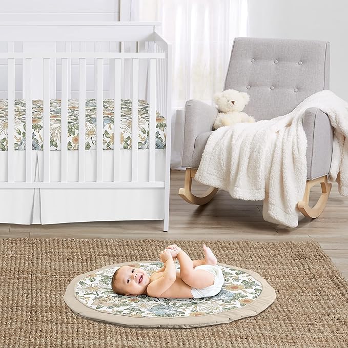 Sweet Jojo Designs Vintage Floral Blue Yellow Girl Baby Playmat Tummy Time Infant Play Mat - Slate Green Gold Orange Taupe Beige White Shabby Chic Rose Flower Boho Bohemian Farmhouse Roses Wildflower