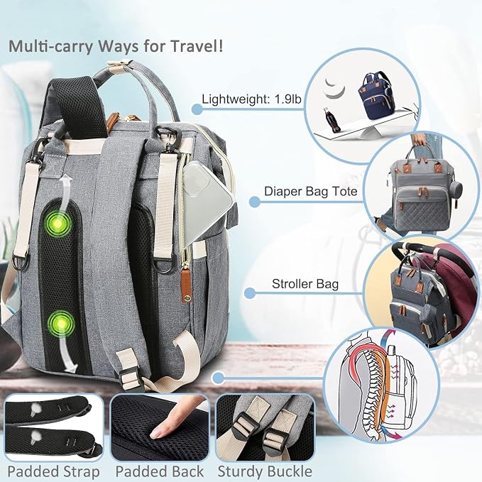 Black Diaper Bag Backpack, Multifunctional Waterproof Mommy Bag with Changing Pad, USB Port, Stroller Straps, Large Capacity Baby Travel Bag (grey)
