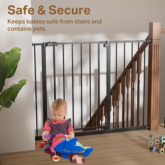 InnoTruth 29.5??0.75" Baby Gate for Stairs, 30" Tall Dog Gates for Doorways & Hallways, Safety Gate for Kids & Pets, Pressure-Mounted Walk-Through with Dual Lock & 2-Way Swing, Black