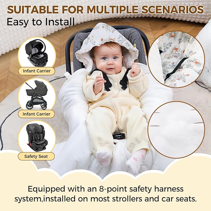 LAT LEE AND TOWN Winter Baby Car Seat Blanket for Newborn,35"x35"Universal Baby Wrap Blanket with Ruffle Hood,Winter Thickening Double Sided Cotton for Infants,Blankets for Stroller(Rabbit Fruits)