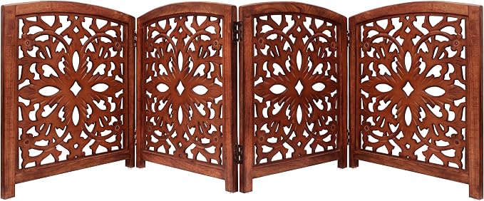 Croft&Cane Wooden Foldable Pet Dog Gate – Hand Carved 4-Panel Freestanding Dog Fence - 80W x 24H - Solid Wood & MDF Indoor Safety Barrier - Doorway Hallway & Stairs Portable Puppy Gate - Walnut Brown
