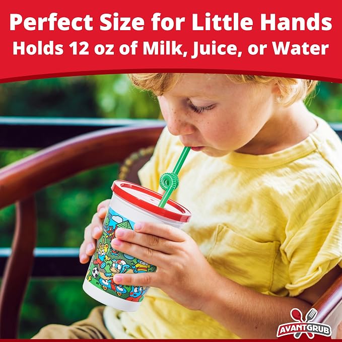 Leakproof 12oz Kids Party Cups With Lid and Straw 10Pk. Super Durable and Dishwasher-Safe With BPA Free Material is Reusable or Take and Toss! Great for Child Birthday Parties Travel or Bathroom Cup.