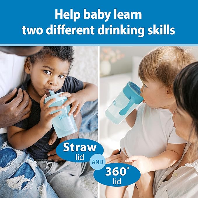 Dr. Brown's Milestones Straw to 360 Convertible Toddler Training Cup Set with Interchangeable Silicone Straw and 360 Degree Cup Lids, Blue Ocean, 10 oz/300 mL, BPA-Free, 9m+, 2-Pack
