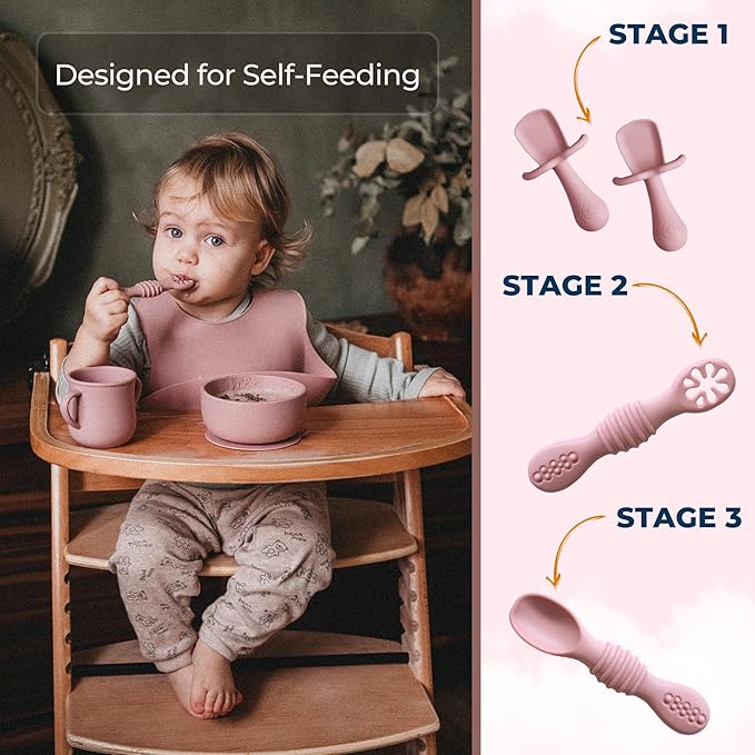 BPA-Free Silicone Baby Feeding Set ??Baby Utensils 6??2 Months, Suction Plate & Bowl, Cup, Bib & Training Spoons | Food Grade Silicone, Dishwasher Safe Baby Eating Set