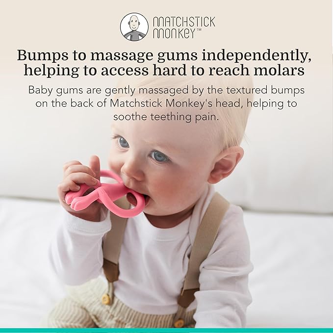 Matchstick Monkey Silicone Teether & Gel Applicator ??Silicone Baby Teether, Easy-to-Grip, BPA-Free, Supports Self-Soothing & Early Brushing, 3 Months+, 4 Inches, Pink