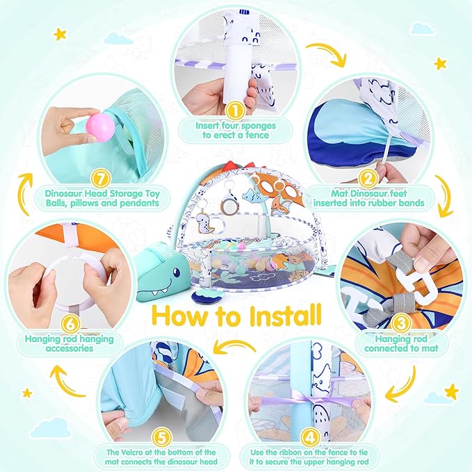WeeHomm 5-in-1 Baby Play Mat - Dinosaur Themed Activity Gym for Babies 0-6 Months with Ball Pit, Detachable Sensory Toys, Pillow, Machine Washable