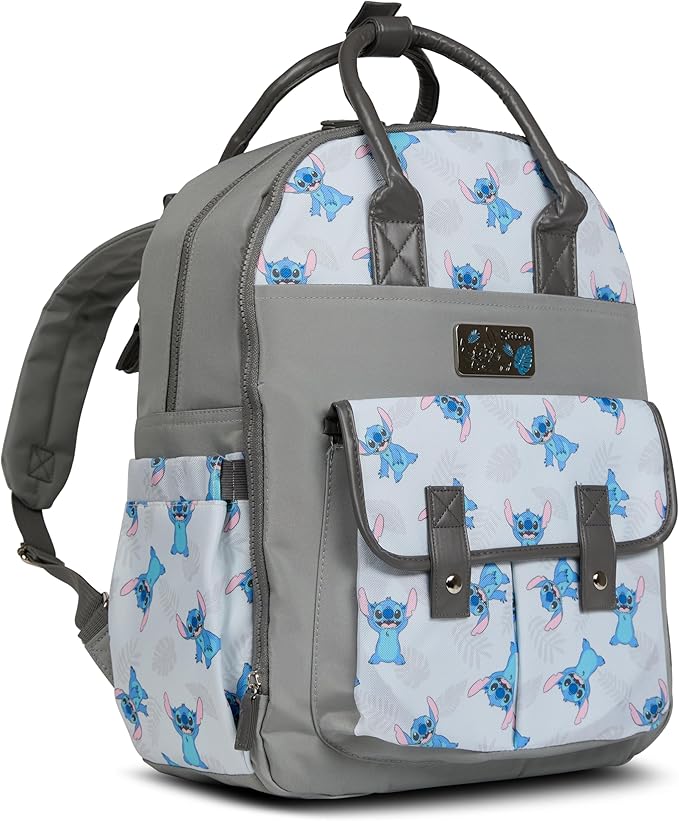 Disney Diaper Bag Backpack with Changing Pad Stich ??16??Nylon Baby Bag for Parents, Insulated Bottle Holders, Multiple Storage Pockets