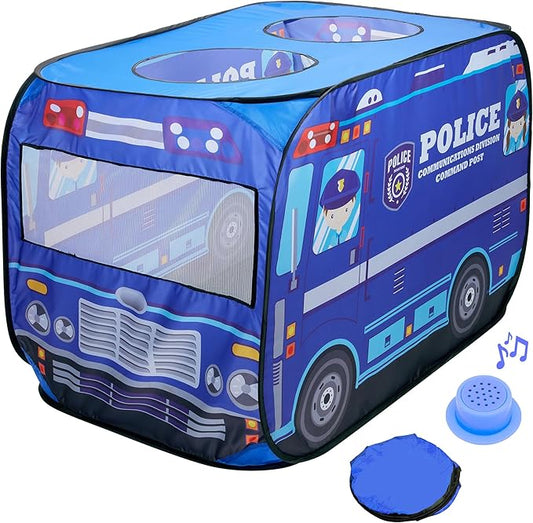 Playbees Musical Police Car Pop Up Play Tent with 3 Openings - Tent for Toddlers - Indoor & Outdoor - Pop Up Tents for Kids - Includes Carry Bag and Sound Button- 43.5x28x26.5 Inch