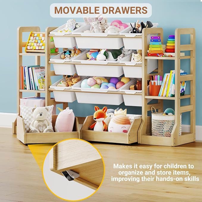 Kids Toy Storage Organizer with Bookshelf, Wooden Toy Shelf with 6 Shelves and 9 Bins and 2 Wheeled Drawers, Extended Base Storage Cabinet for Playroom, Kids Room, Nursery Organization