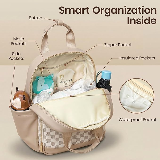 miss fong Small Diaper Bag - Baby Diaper Bag Backpack Checkered Diaper Bag with Changing Pad Baby Backpack for Travel Daycare Mommy Diaper Backpack for Mom & Dad-White&Beige