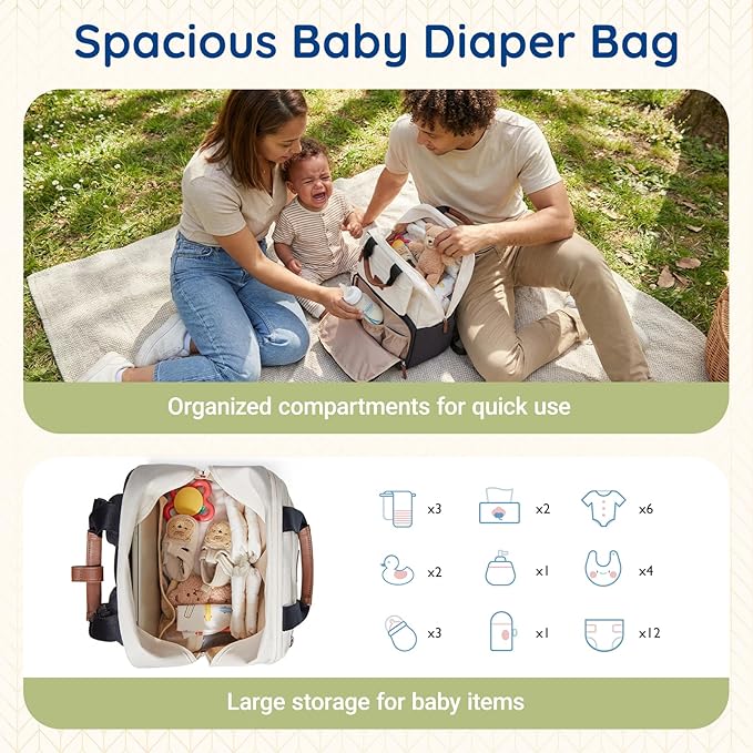mommore Diaper Bag Backpack, Multi-pocket Large Diaper Bag Travel Essentials for Mom Dad, Quick Access Baby Bag with Insulated Pockets, Changing Pad, Stroller Straps