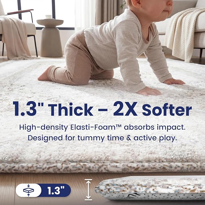 Huloo Sleep Baby Play Mat for Floor - 79x118 Inches 1.3" Thick Elasti-Foam Playpen Mat for Toddlers Infant Kids, Water-Repellent Nursery Rug, Non-Slip Backing for Crawling & Tummy Time, Brown Rustic