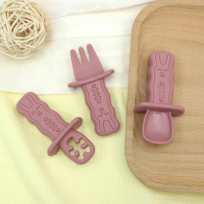 Baby Feeding Utensil Set, 3-piece Silicone Spoon, Fork & Training Feeder for Toddlers (Pink)