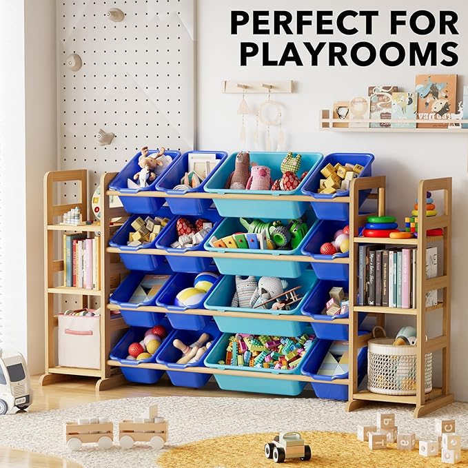 SpaceAid Toy Storage Organizer with 6 Shelves and 16 Bins, Toy Organizers Storage Bookshelf, Kids Bin Shelf Toys Box Bookcase for Bedroom Playroom Organization Room Decor, Blue and Navy Blue