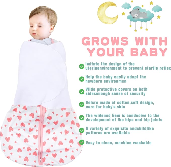 BSTOPPT Newborn Sleep Sack Baby Swaddle,0-3 Months,3-Way Adjustable Wearable Blanket,100% Rayon Cotton Swaddling Sleeping Bag，TOG 0.5（Heart&Floral）