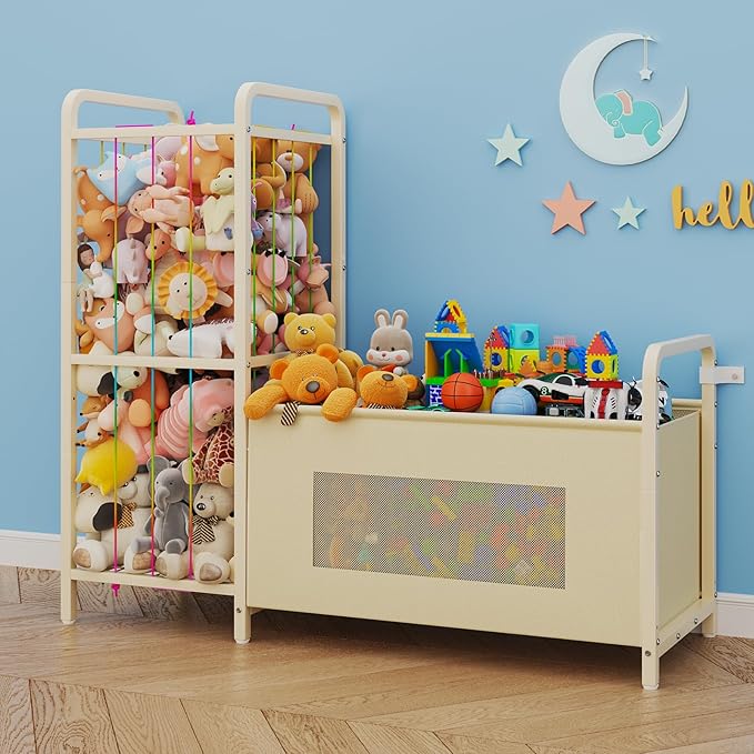 B10 Toy Storage Organizer with Stuffed Animal Storage, Large Toy Box Chest and Stuffed Animal Holder Zoo Organizer with Elastic Ropes for Nursery, Kids Room, Playroom, Bedroom, Beige