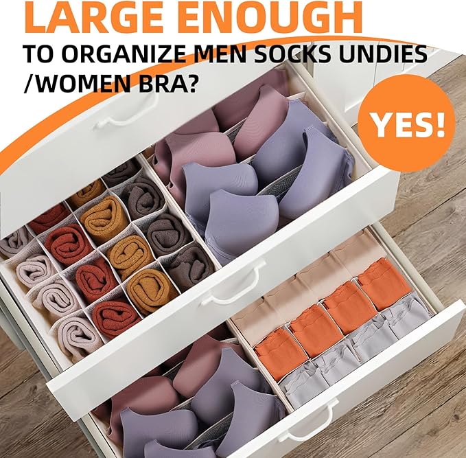 Criusia 6 Pcs Drawer Organizer Clothes - 90 Cells Closet Organizers and Storage for Baby Nursery - Washable Fabric Dresser Organizer Dividers for Sock Underwear Bra Dorm Room Essentials (Beige)