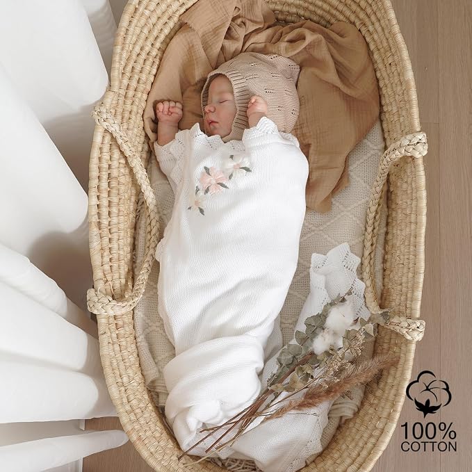 LAWKUL Baby Blanket 100% Traceable Cotton Knit Receiving Blankets Soft Swaddle for Newborn Boy Girls 40"x30" White Floral