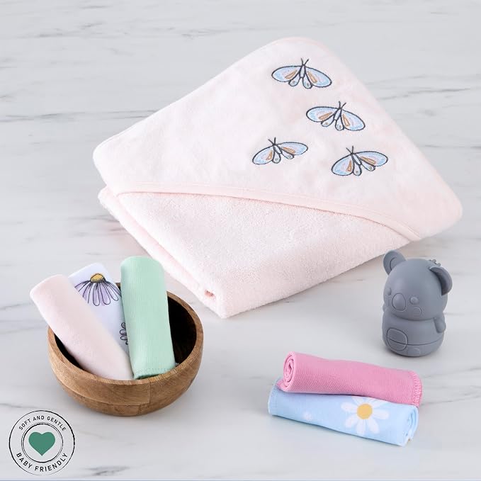 Evolur Secret Garden 6 pc Baby Gift Set, Includes Hooded Towel & 5pc Wash Cloths, Soft and 100% Cotton Woven, for Newborn, Infants and Toddlers 0-9 Months