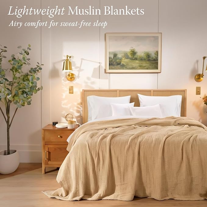Threadmill Summer Muslin Blankets Queen Size | 100% Cotton 4 Layer Gauze Blanket | Soft, Breathable, Prewashed Cozy Blanket | Lightweight Throw Blankets for Bed Seasons | Beige