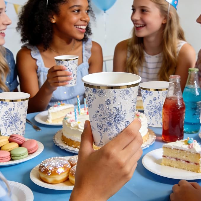 WRAPAHOLIC 50 Pcs Floral Paper Cups - 9 oz Blue Toile Flower Disposable Cup, Coffee Cup, Hot/Cold Beverage Drinking Cups for Water Juice, Perfect for Baby Shower and Birthday Party Supplies